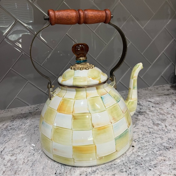 MacKENZIE CHILDS 3QT PARCHMENT CHECK TEA KETTLE - Picture 4 of 12